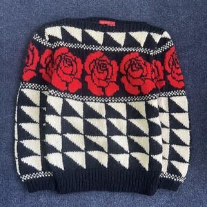 Vintage Halston II Sweater Womens Small Black Rose Wool Chunky Knit Pullover